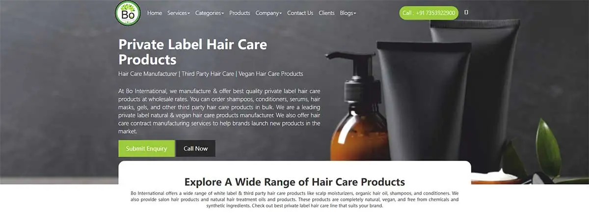 Screenshot of Bo International website showing private label hair care products, vegan hair care manufacturing, and bulk hair care product support