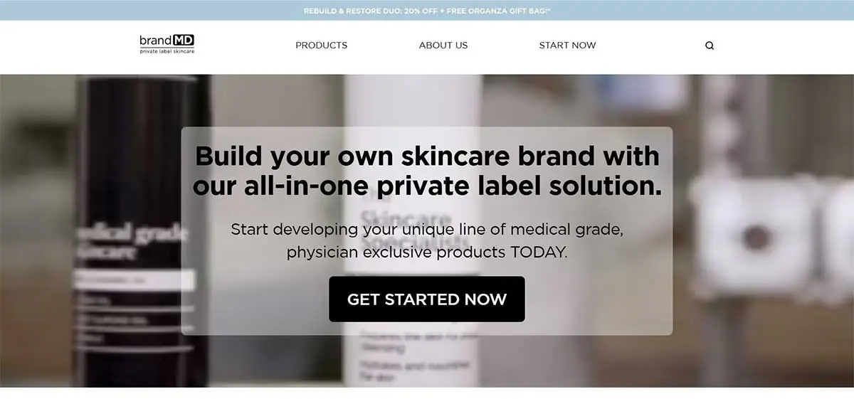 Screenshot of BrandMD Skin Care website representing clinical-style skincare and private label facial cleanser manufacturing for professional beauty brands