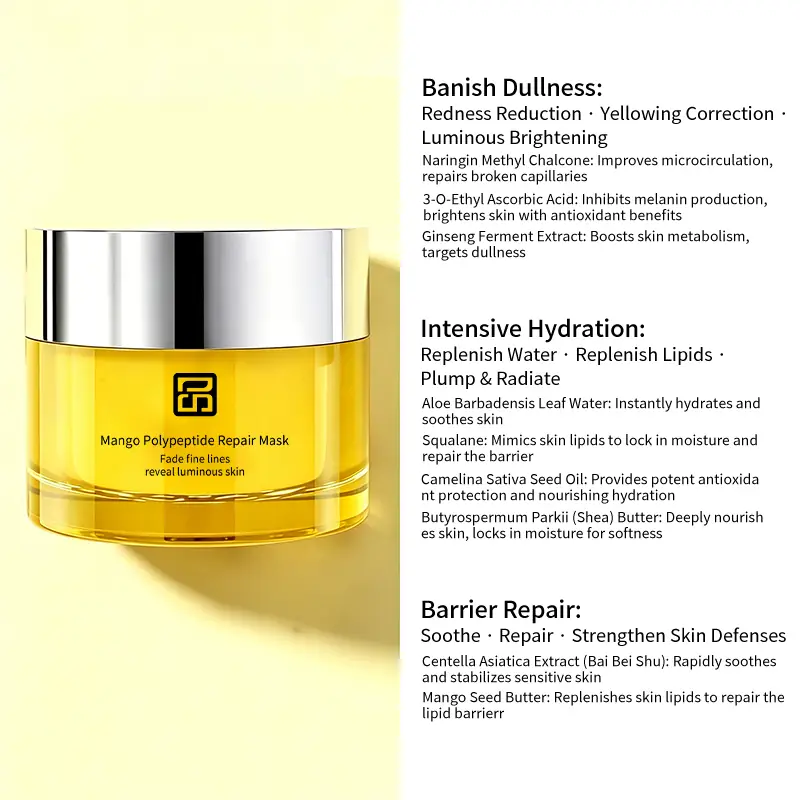 Brightening Hydration and Barrier Repair Mask Mango polypeptide repair mask with brightening hydration and barrier repair benefits for private label facial care