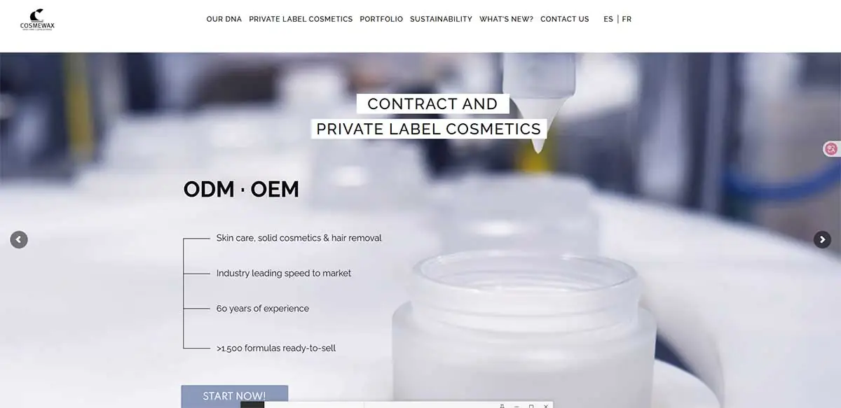 Screenshot of Cosmewax website presenting contract and private label cosmetics manufacturing services for skincare and sun care brands