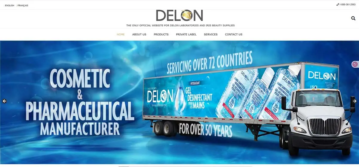 Screenshot of Delon Laboratories website showing its cosmetic and pharmaceutical manufacturing capabilities, global distribution presence, and private label product services.