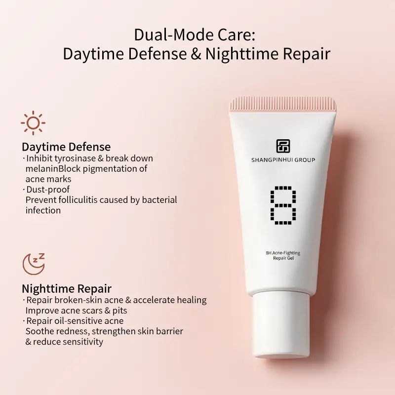 Daytime Defense and Nighttime Acne Repair Daytime defense and nighttime acne repair concept for private label acne repair gel for oily acne-prone and sensitive skin