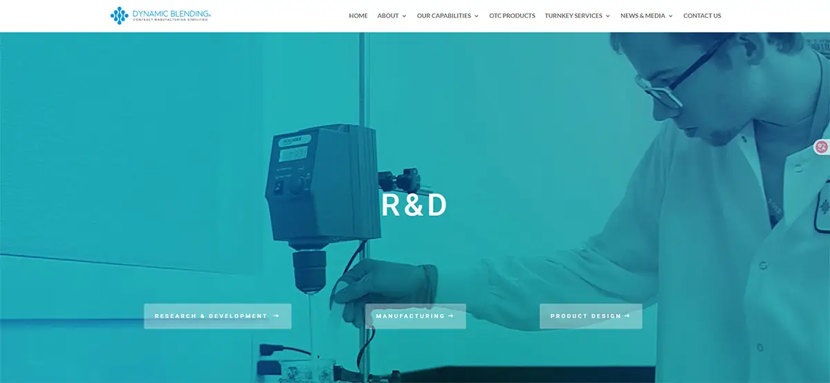 Screenshot of Dynamic Blending website showing R&D, product design, and contract manufacturing services for hair care and personal care brands