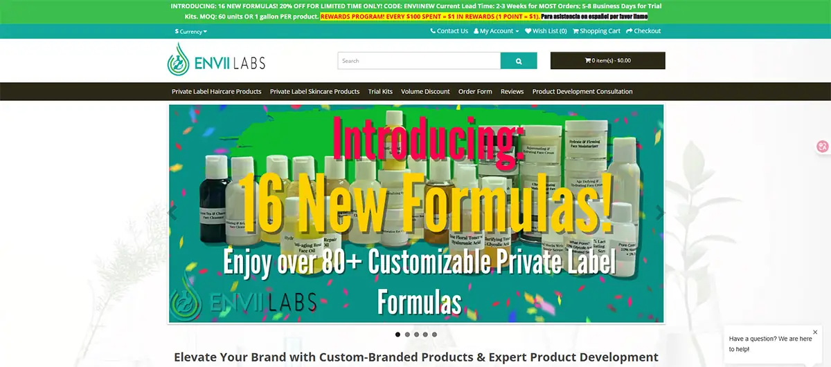 Screenshot of Envii Labs website showing customizable private label hair care formulas and product development support for beauty brands