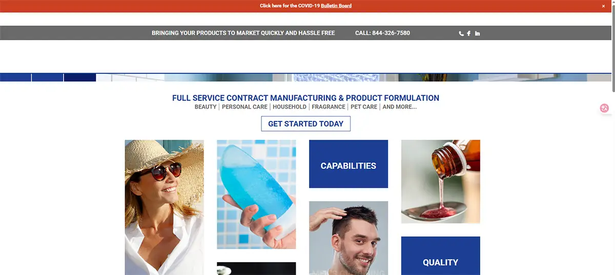 Screenshot of FMI website showing full service contract manufacturing and product formulation for beauty, personal care, household, fragrance, and pet care products