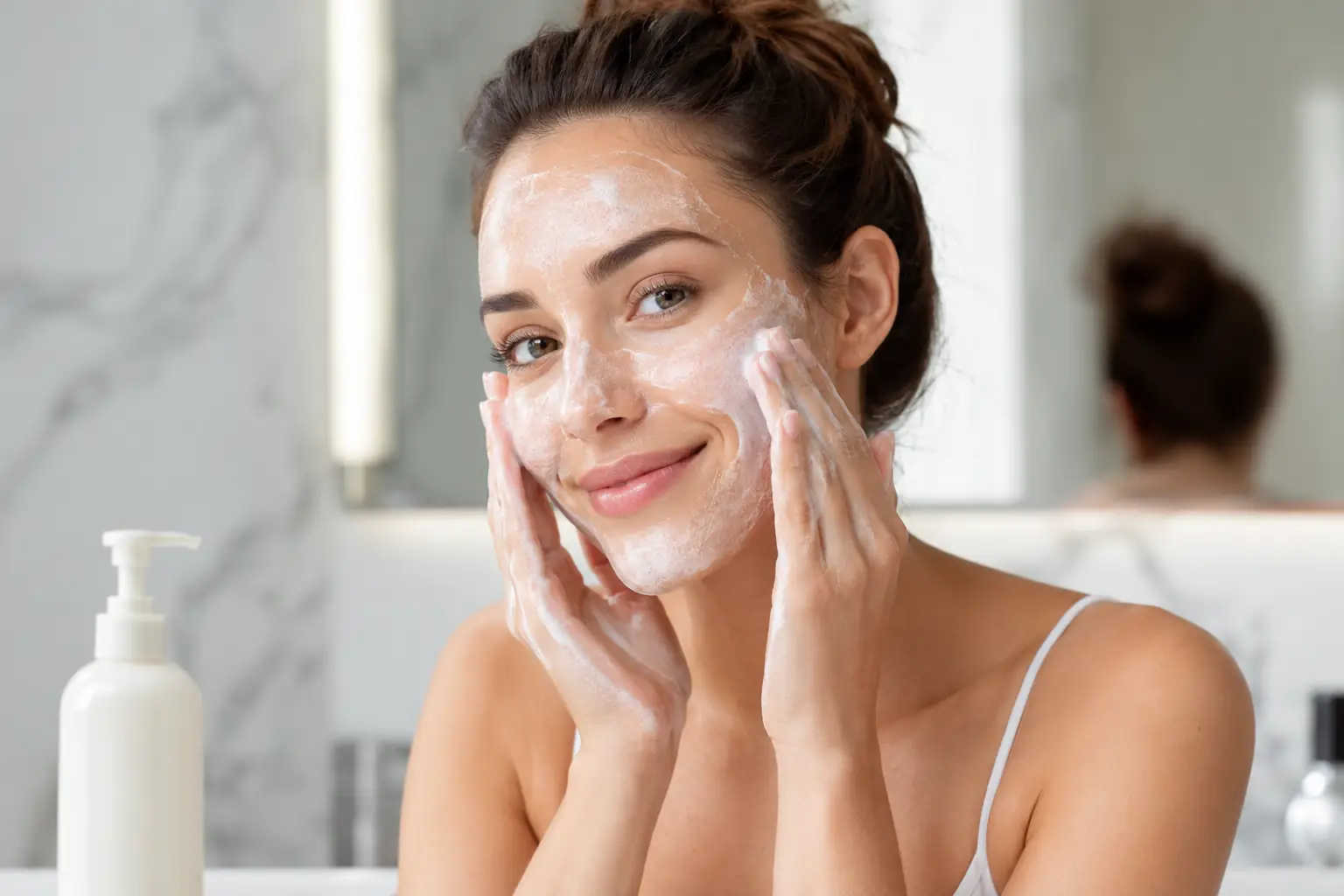 Woman using facial cleanser showing skin feel and user experience in private label skincare development
