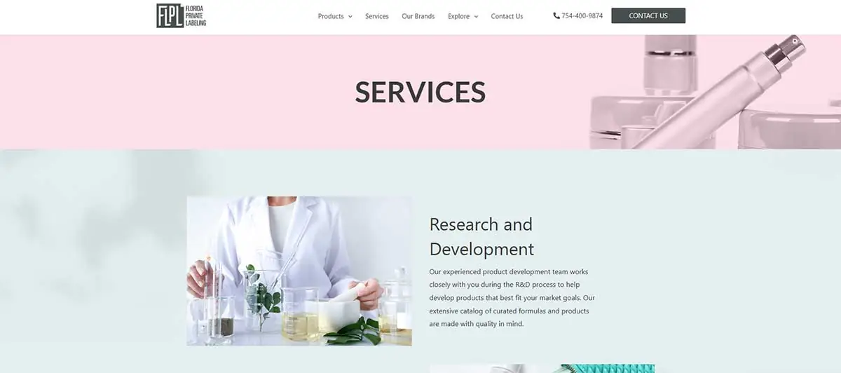Screenshot of Florida Private Labeling website representing US-based private label facial cleanser and personal care manufacturing support