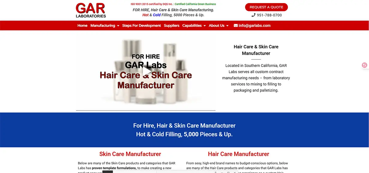 Screenshot of GAR Labs website showing hair care and skin care contract manufacturing services, hot and cold filling, and 5000 piece production support