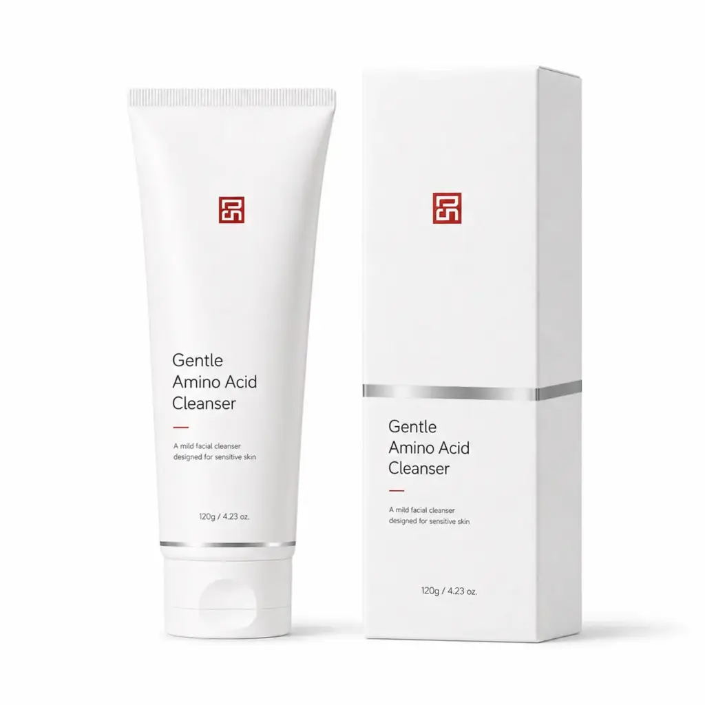 White tube and box of Gentle Amino Acid Cleanser on plain background