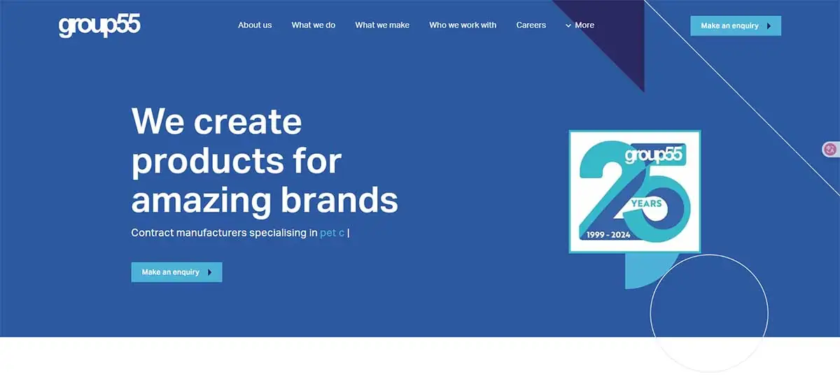 Screenshot of Group55 website presenting contract manufacturing services for beauty, personal care, and brand development projects