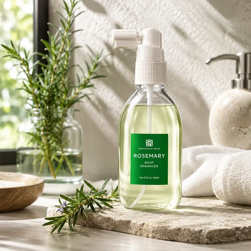 Private label grow hair spray bottle in premium bathroom scene