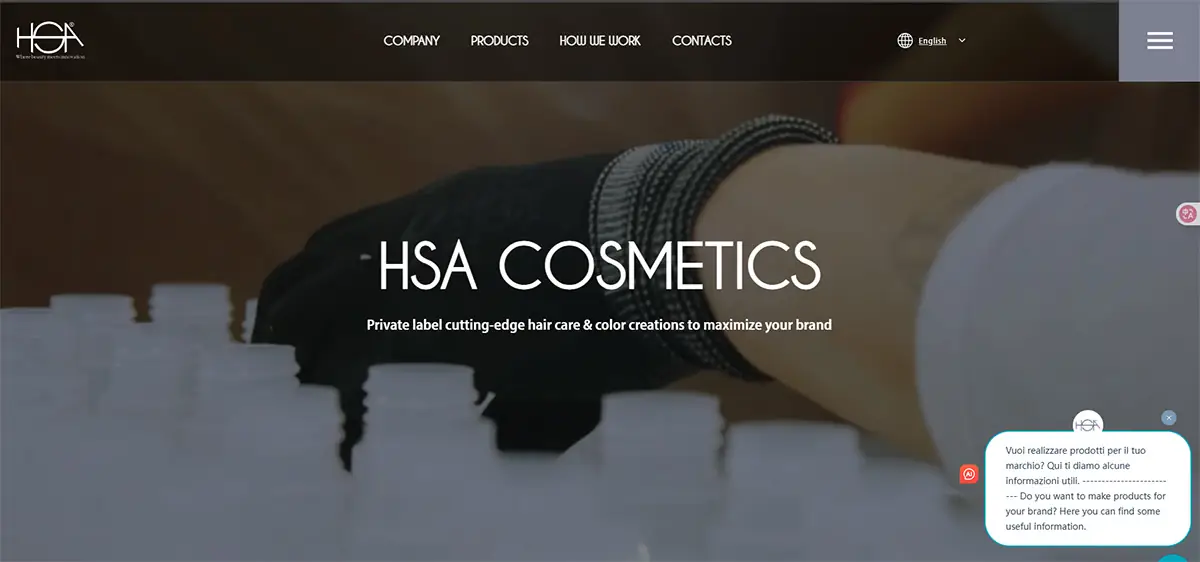 Screenshot of HSA Cosmetics website showing private label hair care and color formulation services for global beauty brands