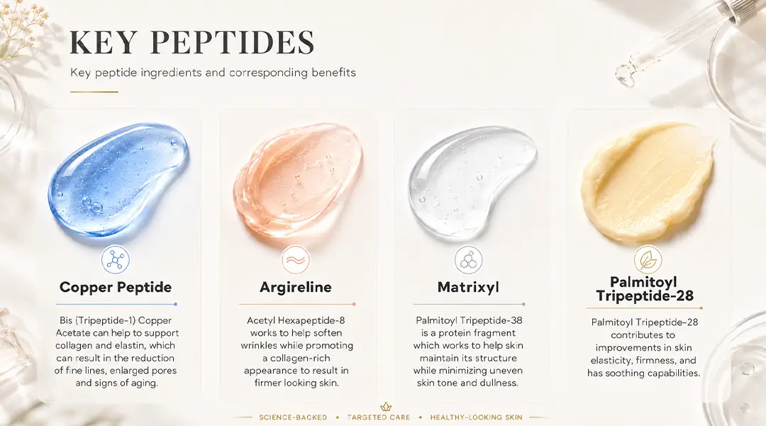 Infographic showing copper peptide, argireline, matrixyl, and palmitoyl tripeptide benefits for peptide skincare formulation