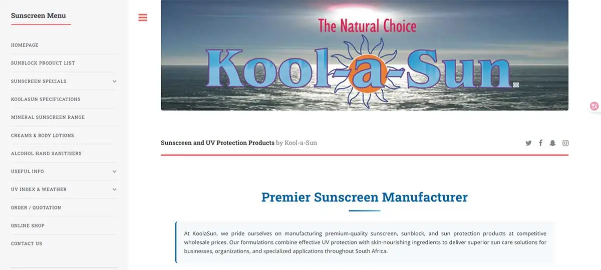Screenshot of Kool-a-Sun website presenting sunscreen, sunblock, and UV protection product manufacturing services