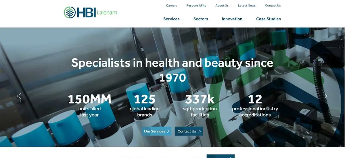 Screenshot of Laleham Health and Beauty website representing UK-based facial care, beauty, and contract manufacturing support