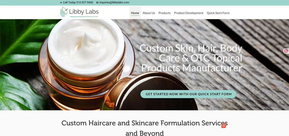Screenshot of Libby Labs website showing custom skin, hair, body care, and OTC topical product manufacturing services