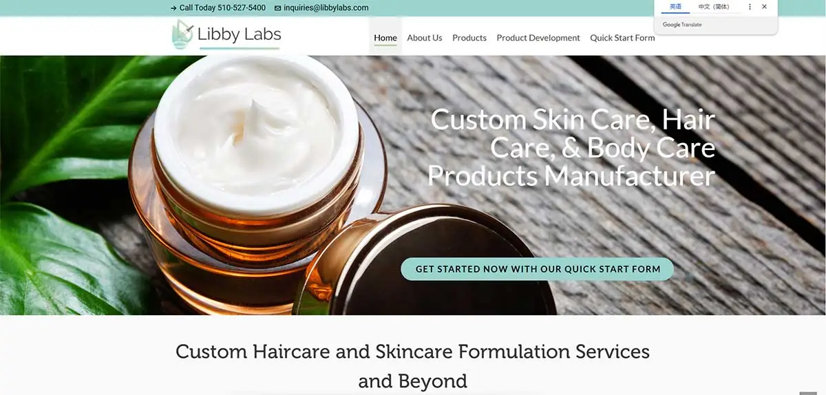 Screenshot of Libby Labs website representing custom private label skincare, facial care, body care, and personal care manufacturing services