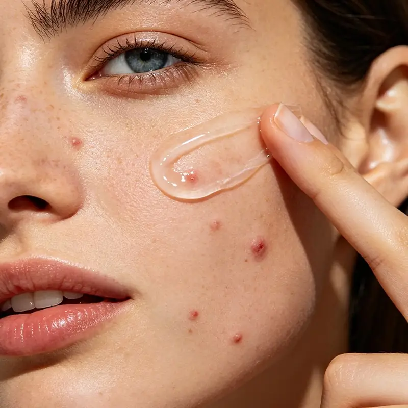 Lightweight Transparent Gel for Targeted Acne Care Model applying lightweight transparent acne repair gel on acne-prone skin for targeted spot care and sensitive skin use