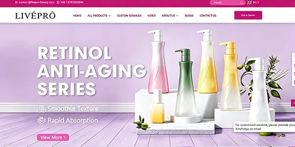 Livepro Beauty makeup manufacturer homepage showing retinol anti-aging series and cosmetic products