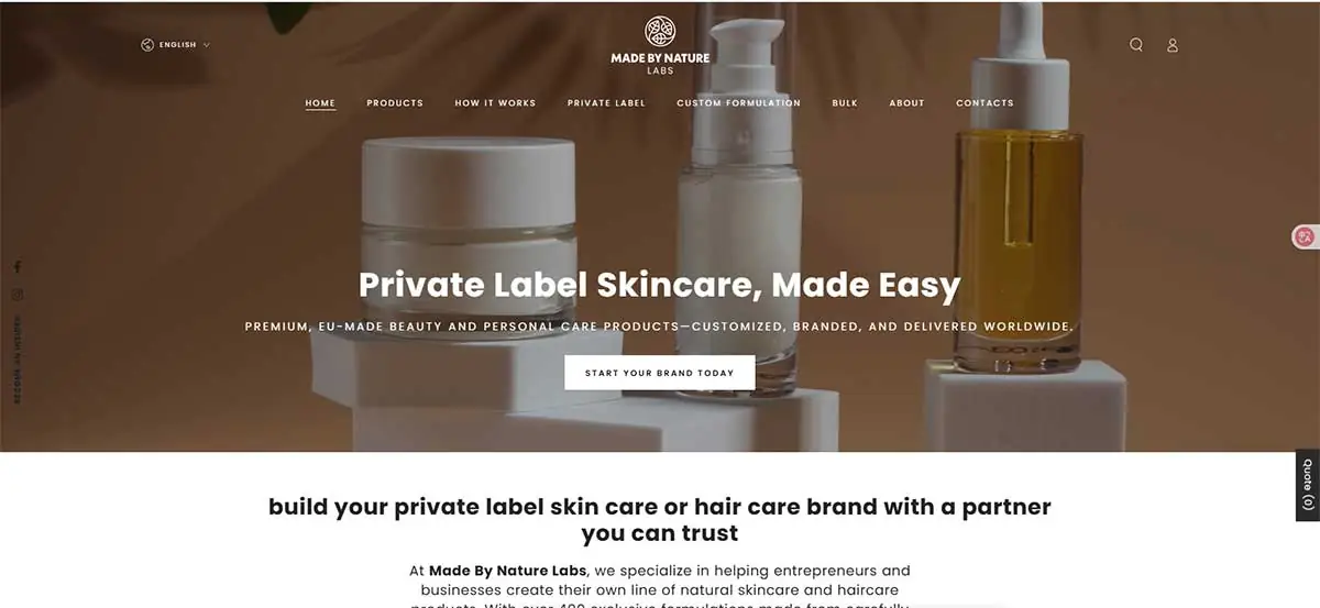 Screenshot of Made By Nature Labs website highlighting private label skincare and natural beauty product manufacturing services
