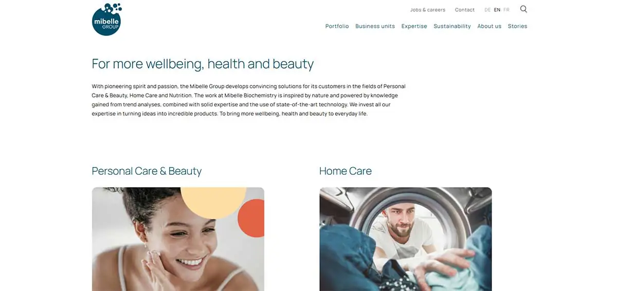 Screenshot of Mibelle Group website showing European private label personal care, beauty, and facial cleanser manufacturing support