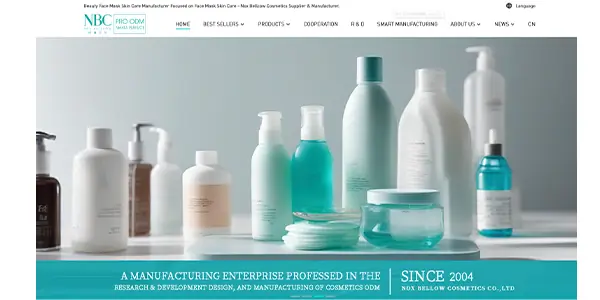 Nox Bellcow cosmetics manufacturer homepage showing skincare and beauty product manufacturing