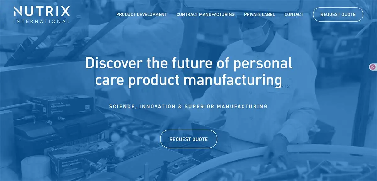 Screenshot of Nutrix International website showing personal care product development and contract manufacturing capabilities