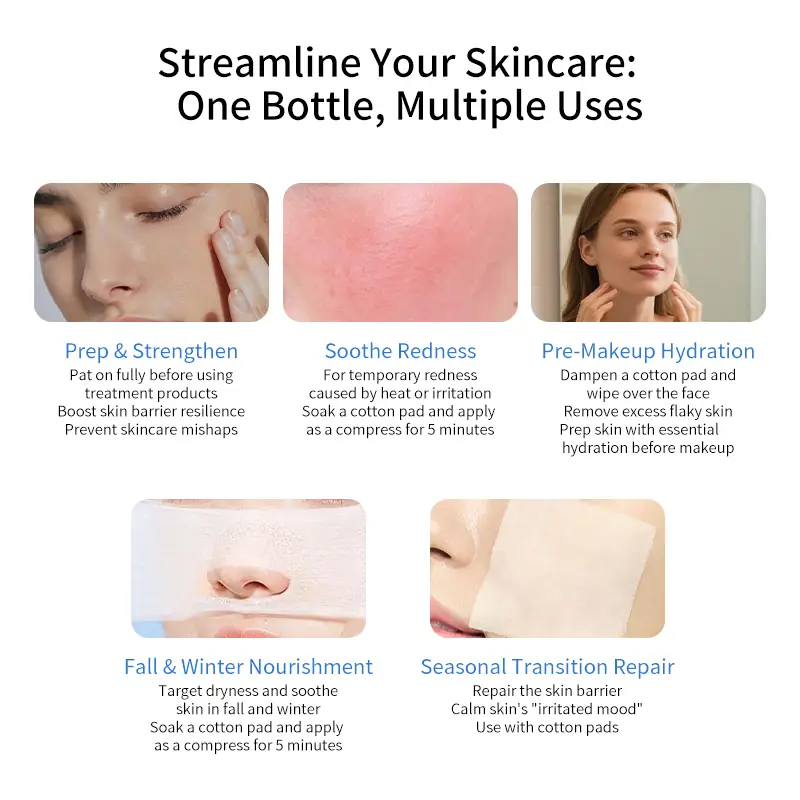 One Bottle Multiple Uses Ceramide Toner Multiple use scenarios for private label milk ceramide toner including pre-makeup hydration, redness soothing, seasonal transition repair, and fall-winter nourishment