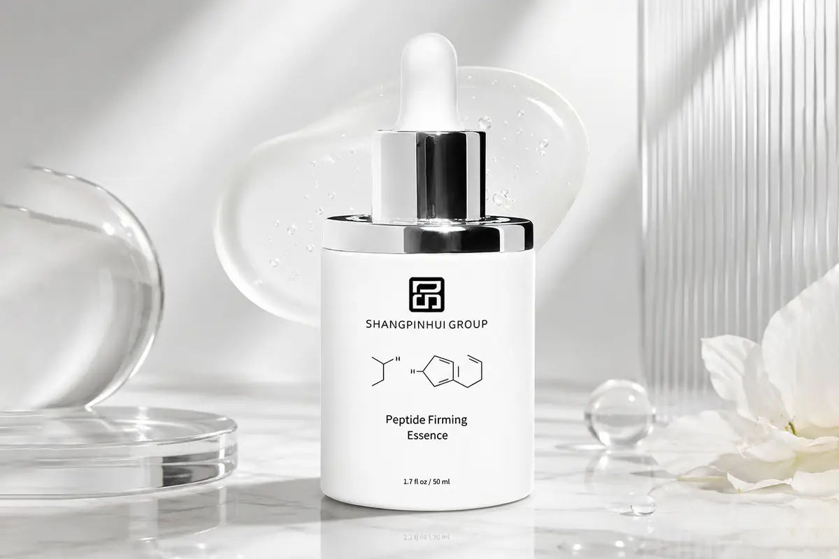 White peptide firming essence bottle with clean laboratory-style background for private label anti-aging serum development