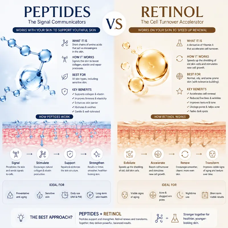 Comparison infographic showing peptides as signal communicators and retinol as a cell turnover accelerator for anti-aging skincare routines