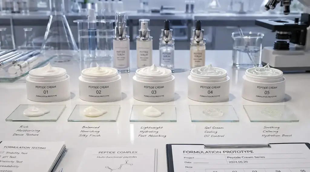 Skincare OEM laboratory testing peptide cream formula prototypes with different textures for private label anti-aging product development