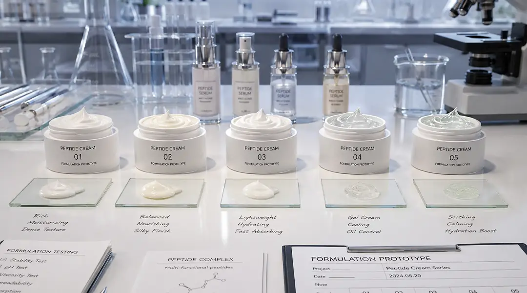 Skincare OEM laboratory testing peptide cream formula prototypes with different textures for private label anti-aging product development