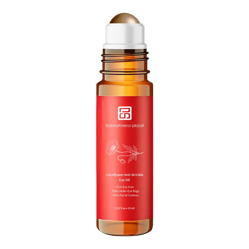 White background product image of private label anti-aging eye oil with 360 degree massage roller applicator