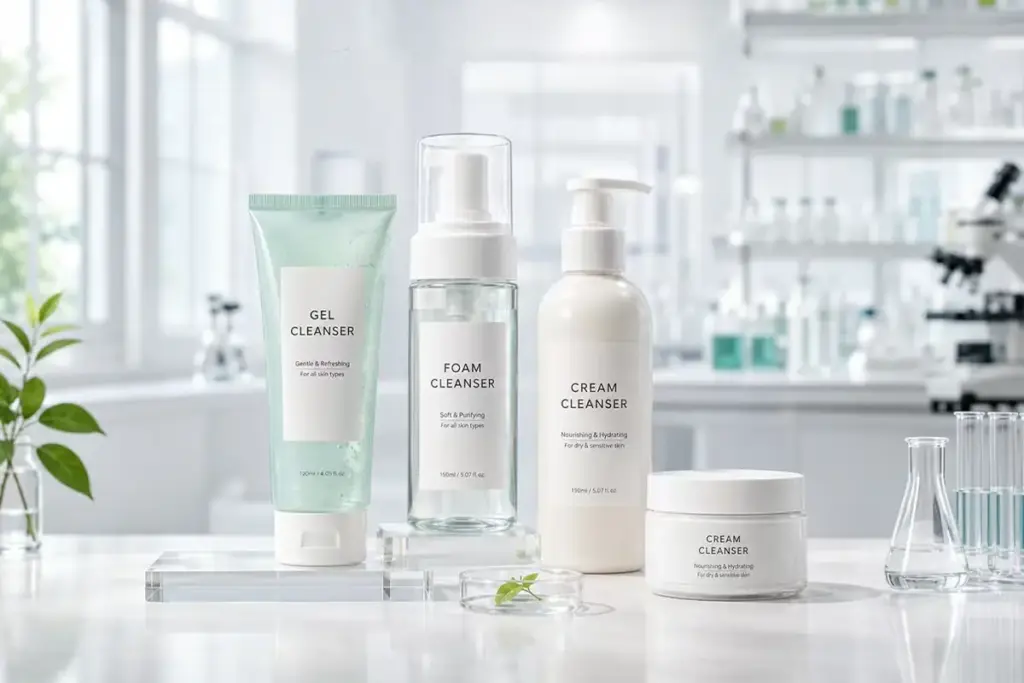 Private label cleanser manufacturer supporting gel foam and cream cleanser development for skincare brands