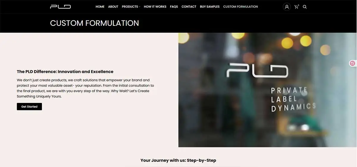 Screenshot of Private Label Dynamics website showing custom formulation and private label product development services