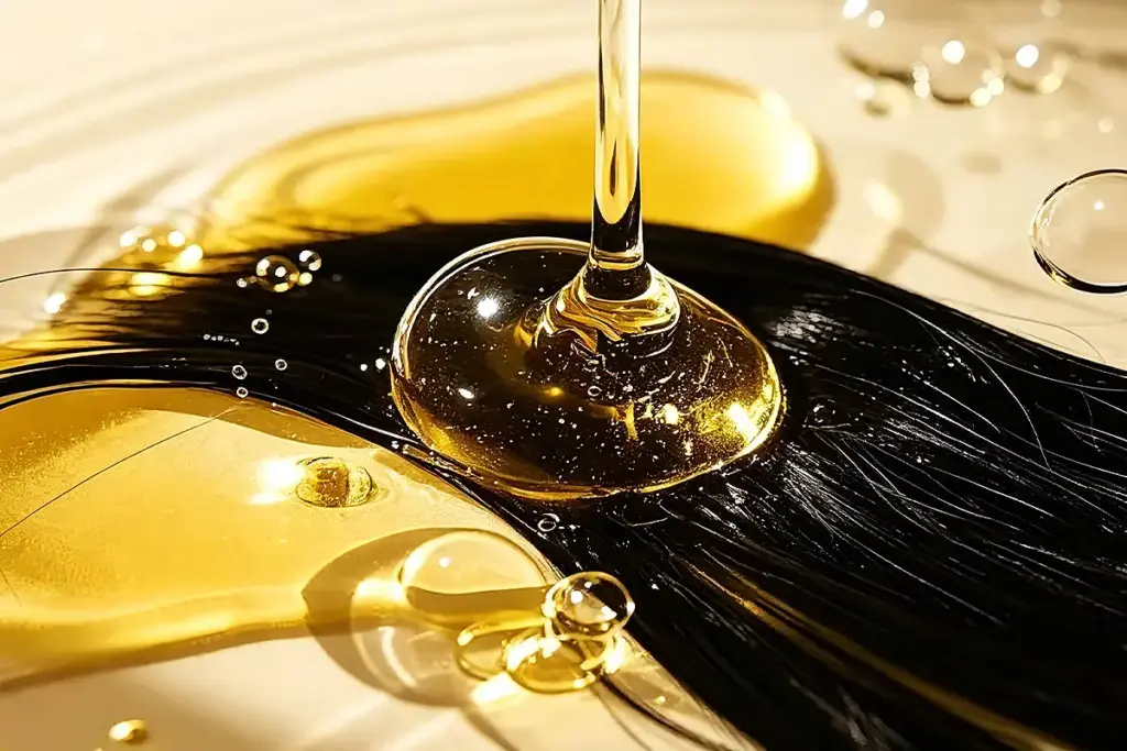 Close-up image of golden hair care oil texture applied on black hair strands, representing private label hair care formulation, hair oil manufacturing, and premium OEM hair treatment products