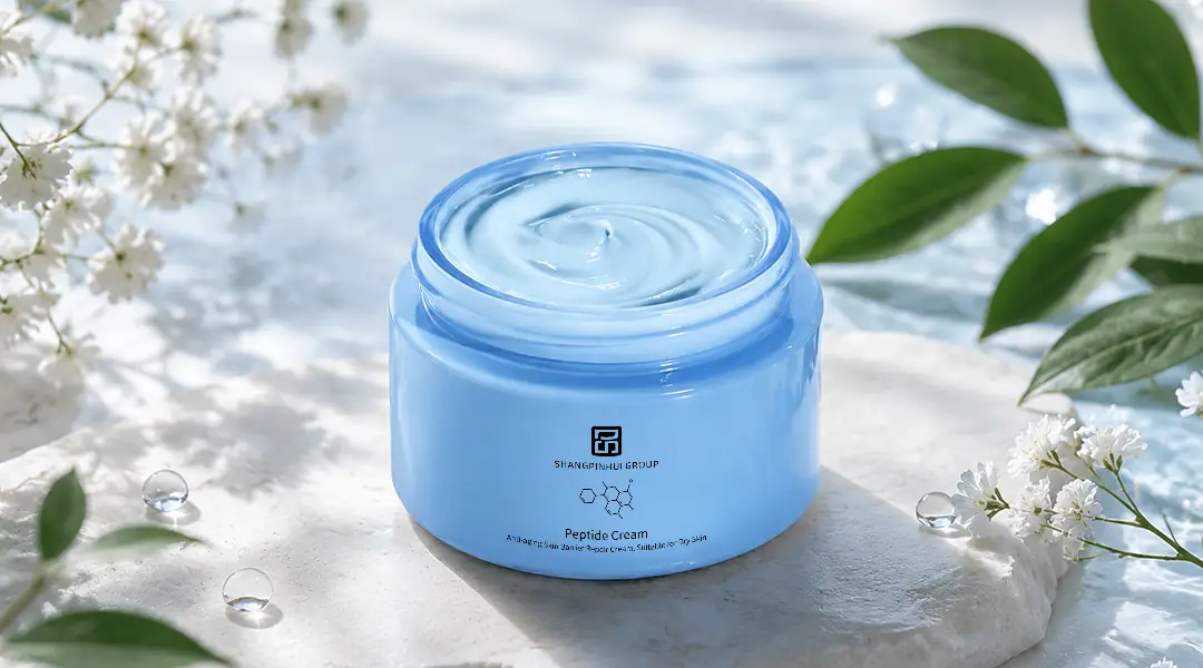 Blue peptide cream jar with rich texture for anti-aging repair, sensitive skin care, and private label peptide moisturizer development