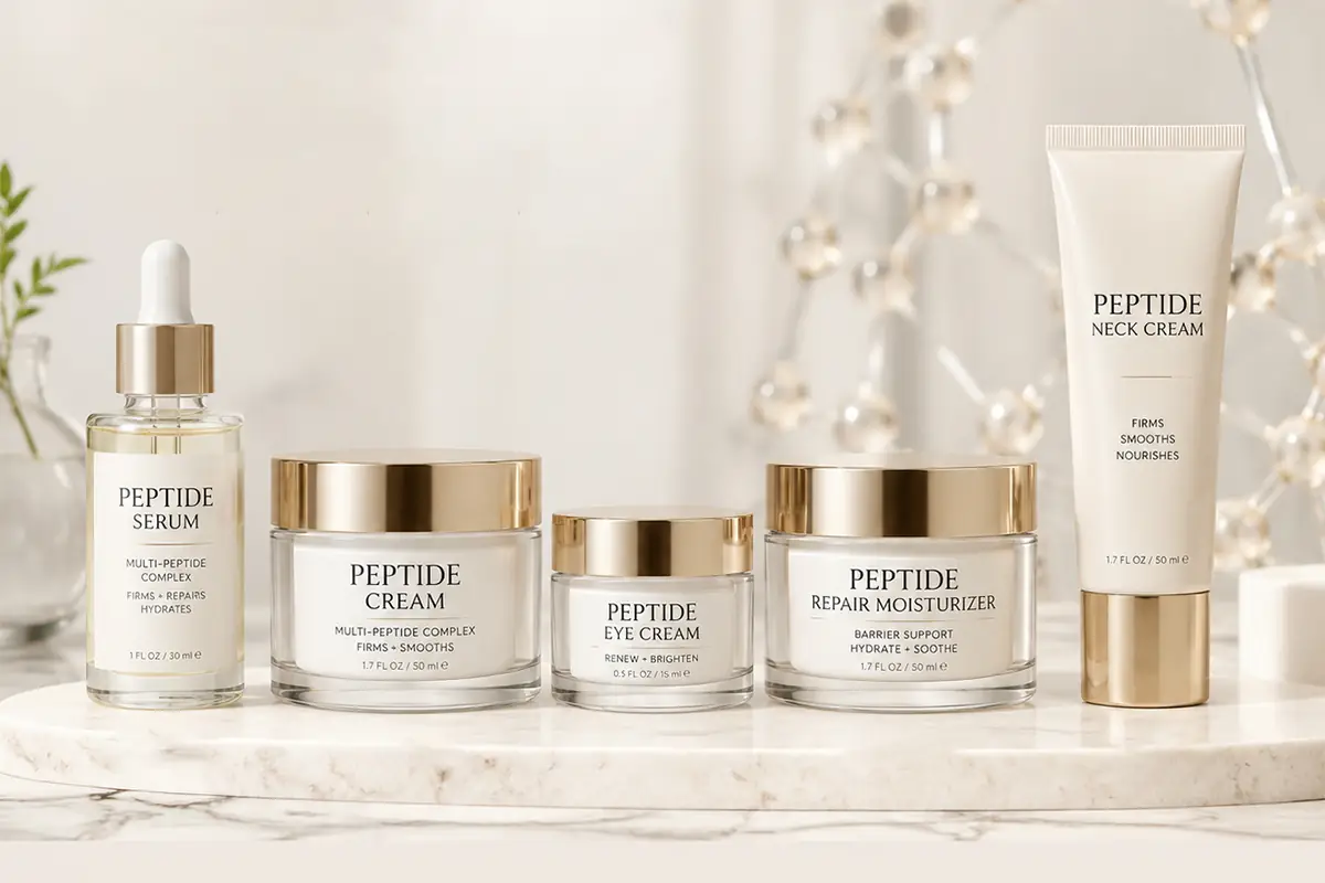 Private label peptide serum, cream, eye cream, repair moisturizer, and neck cream for anti-aging skincare product line development