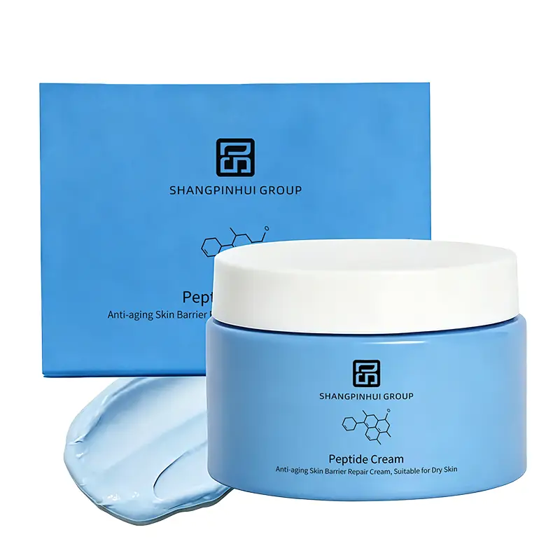 White background product image of private label polypeptide barrier repair cream with blue jar, outer box, and cream texture