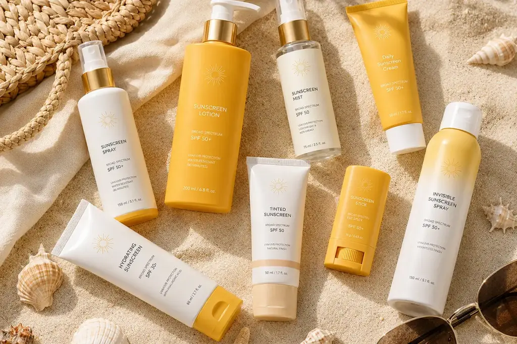A flat lay image of multiple private label sunscreen products, including sunscreen lotion, sunscreen mist, sunscreen spray, tinted sunscreen, sunscreen stick, and sunscreen cream, displayed on sandy beach background with seashells and summer accessories.