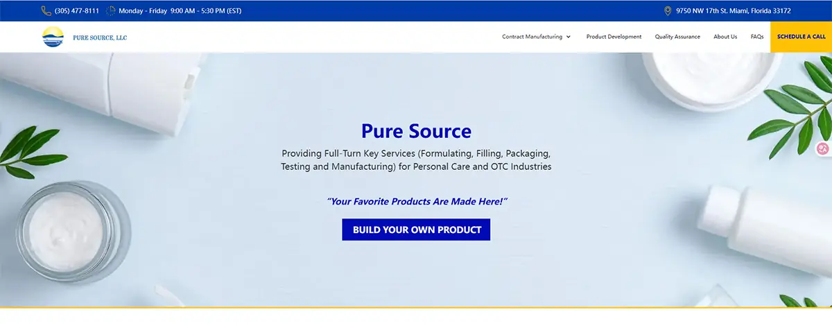 Screenshot of Pure Source website showing full-turnkey formulation, filling, packaging, testing, and manufacturing services for personal care and OTC products