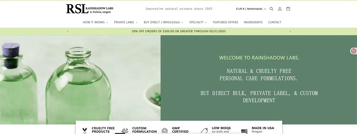 Screenshot of RainShadow Labs website showing natural and cruelty-free personal care formulations for private label and custom development