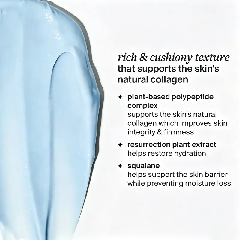 Rich Cushiony Texture for Peptide Barrier Cream Rich cushiony texture for private label polypeptide cream with plant-based polypeptide complex, resurrection plant extract, and squalane