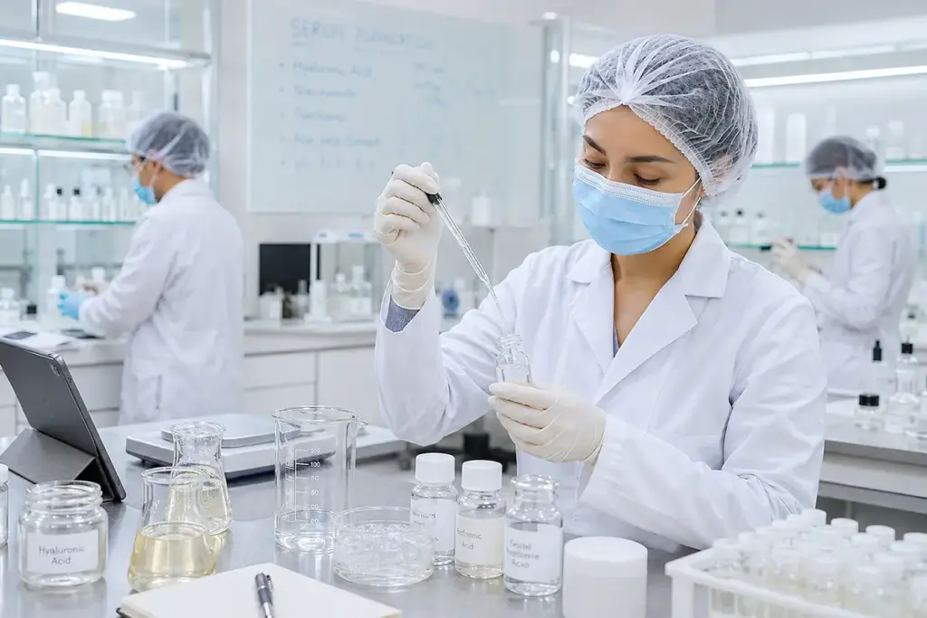 Scientist in lab preparing serum formulation with bioactive ingredients