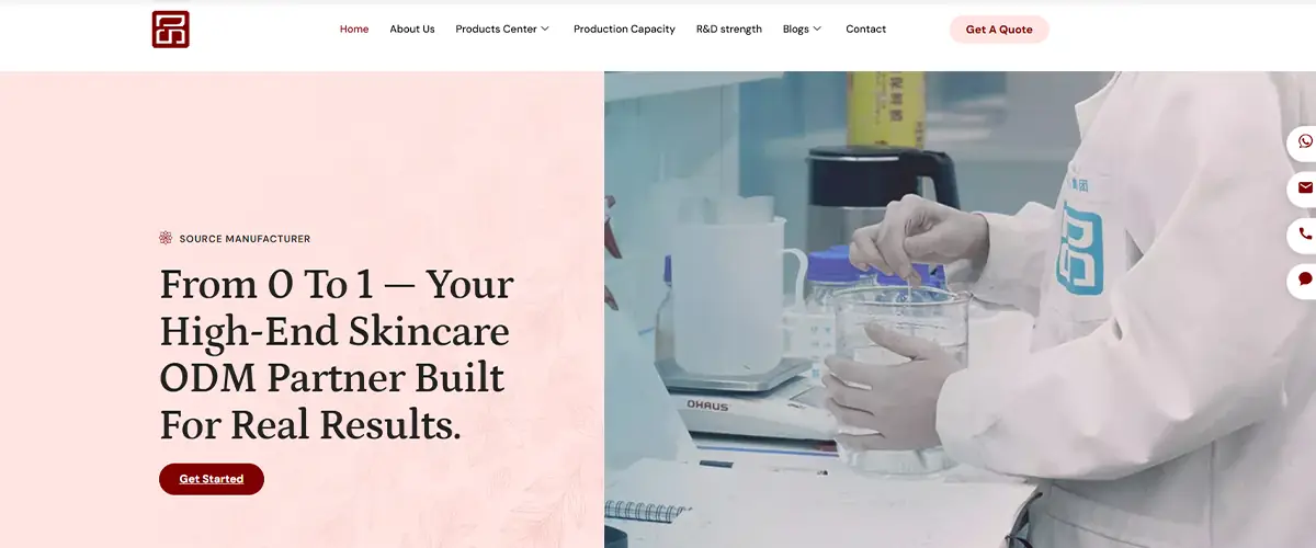 Screenshot of Shangpinhui Biotechnology website showing China-based skincare OEM ODM support for private label facial cleanser and facial care manufacturing