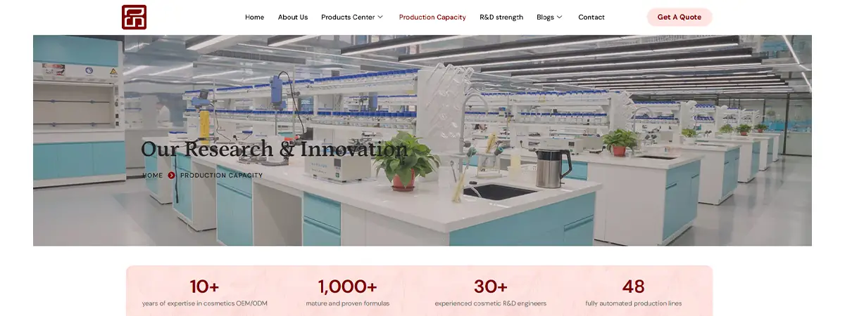 Screenshot of Shangpinhui Biotechnology website showing skincare OEM ODM laboratory development and private label hair care manufacturing support