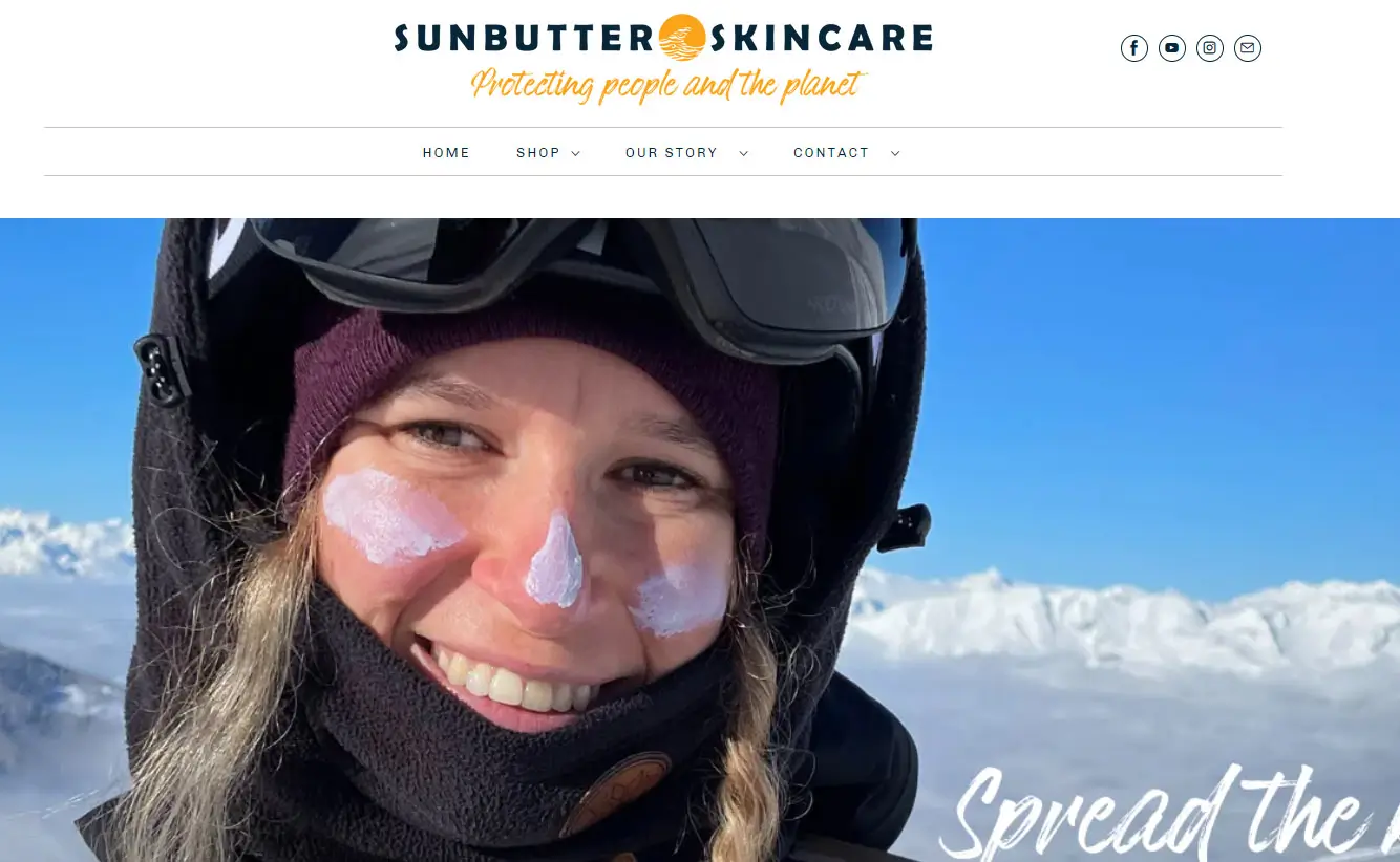 Screenshot of Sunbutter Sunscreen website showing reef-conscious sunscreen positioning, sustainable sun care, and outdoor SPF product use
