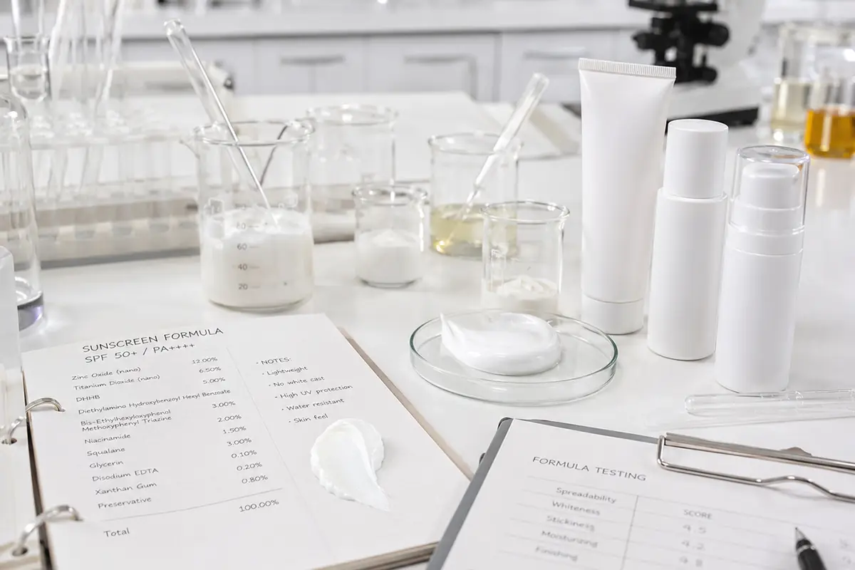 Laboratory image showing sunscreen formula documents, testing sheets, cream texture samples, and white sunscreen packaging, representing sunscreen formula testing, SPF product development, and manufacturer evaluation.