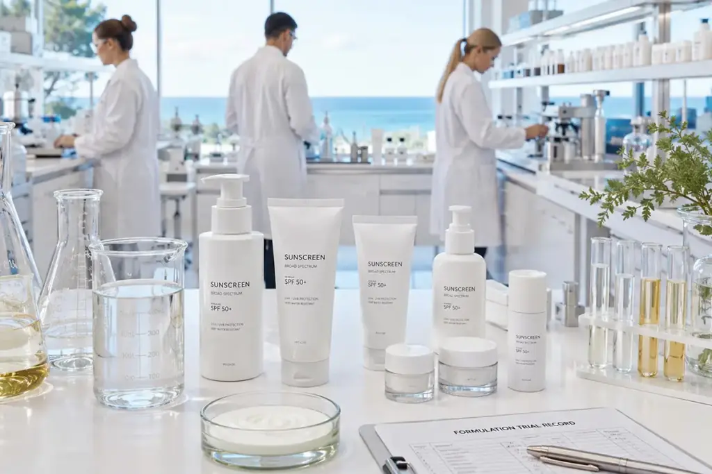 Laboratory image showing sunscreen formula documents, testing sheets, cream texture samples, and white sunscreen packaging, representing sunscreen formula testing, SPF product development, and manufacturer evaluation.