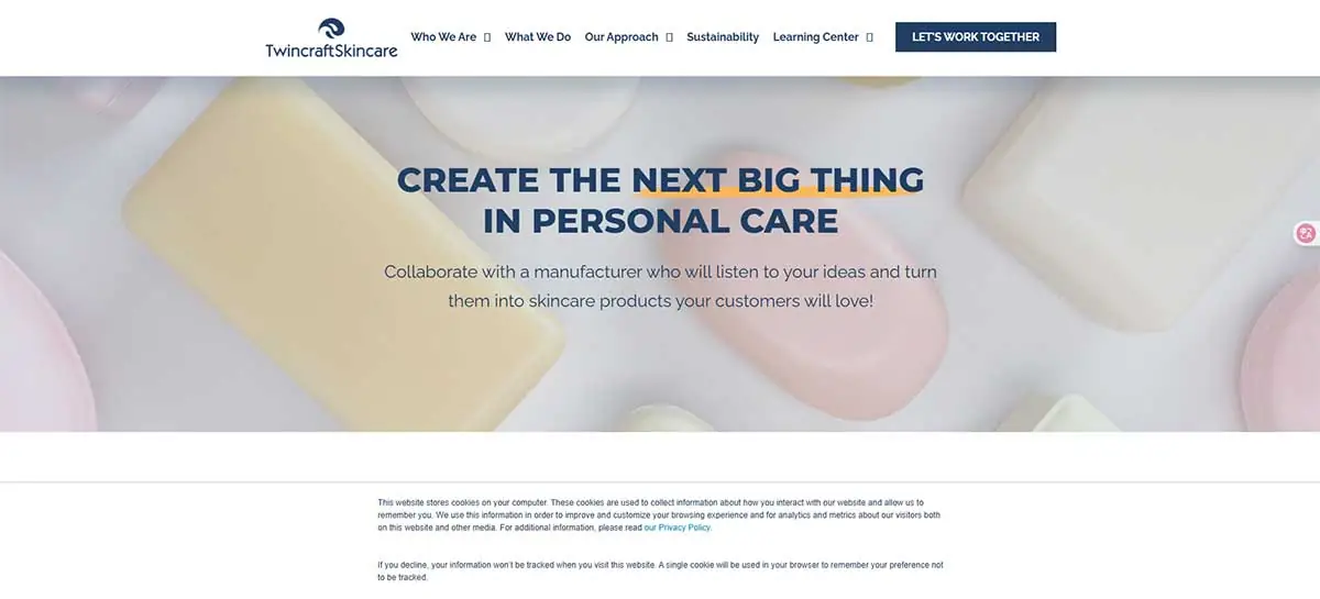 Screenshot of Twincraft Skincare website showing personal care manufacturing support for skincare and beauty brands